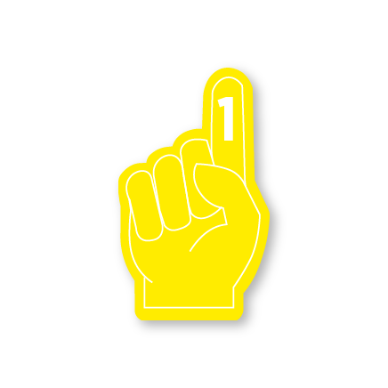 Rounded version of foam hand with the number one on the index finger