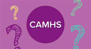 Purple background with CAMHS in white Capital letters